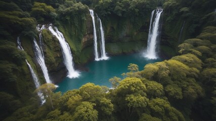 Obraz premium Aerial Drone Captures Picturesque Waterfall in Lush Tropical Forest Landscape.