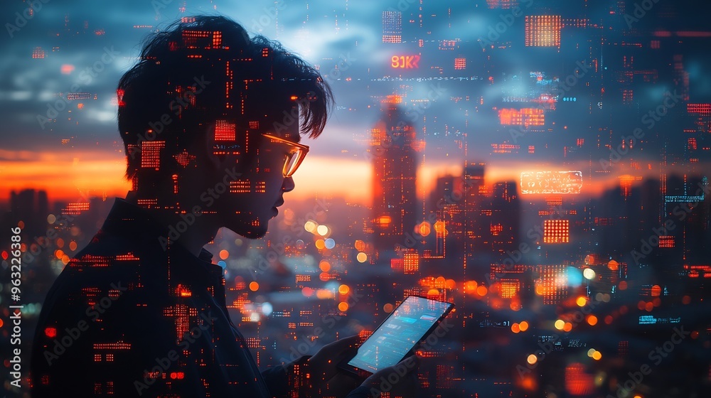 Aufkleber Digital technology internet network connection big data digital marketing social media concept Double exposure of man using smart mobile phone surfing internet and the city technology  : Generative AI