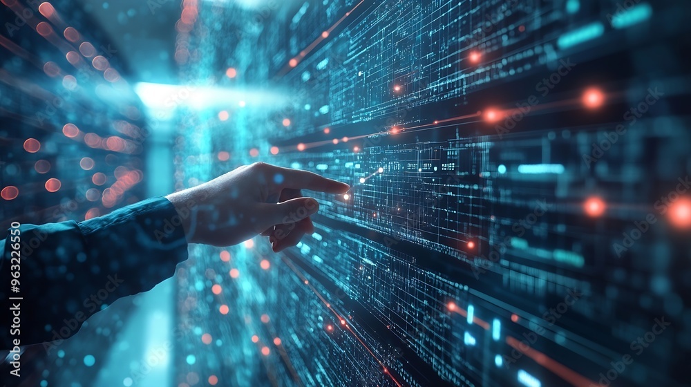 Poster Big data digital technology concept Software engineer touching on virtual internet network connection with data center network server innovative futuristic technology background data m : Generative AI