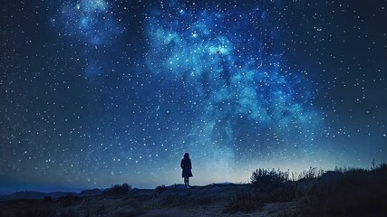A lone figure gazes up at the expansive night sky filled with vibrant stars and galaxies.