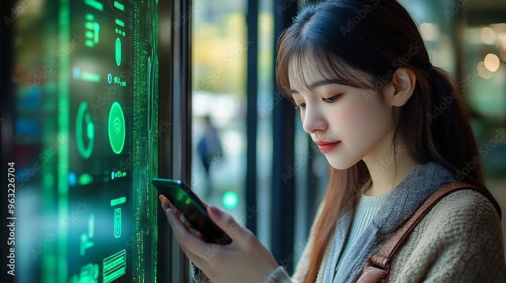 Poster Biometrics security system Woman using fingerprint identification to access personal financial data on mobile phone mobile banking app biometrics cyber security technology against digi : Generative AI