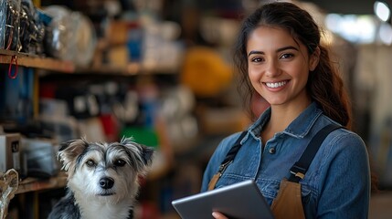 cheerful latin american saleswoman entrepreneur holding a tablet next to pet in a small auto parts supply shop : Generative AI