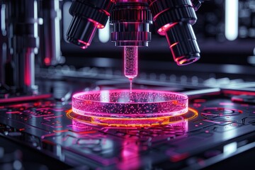Futuristic microscope analyzing a glowing petri dish, symbolizing scientific breakthroughs in healthcare, biology, and genetic engineering.