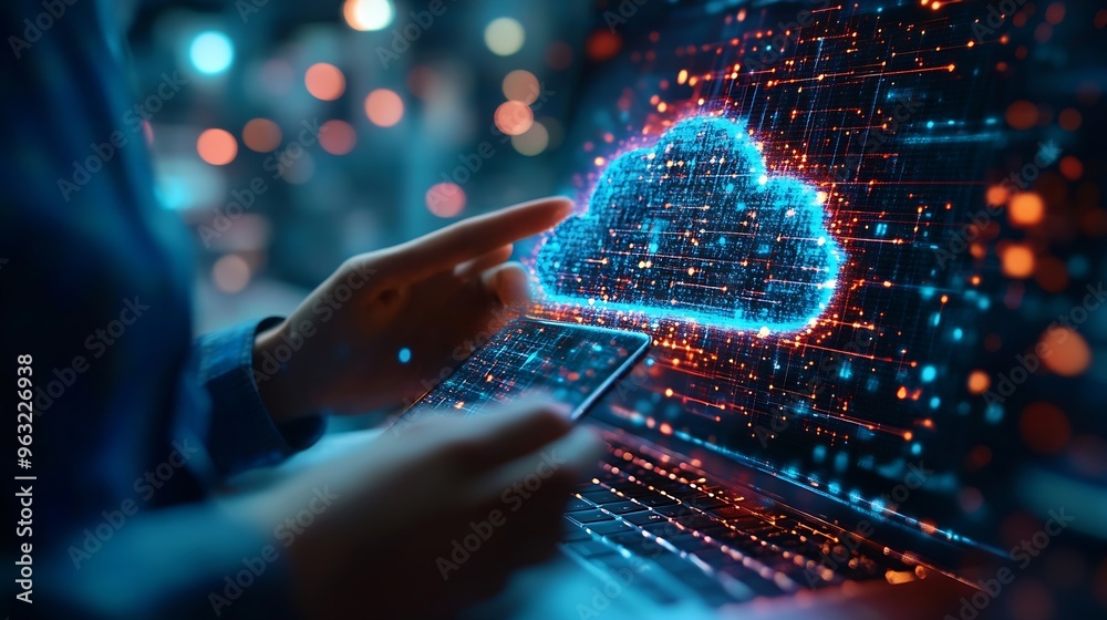 Poster Digital technology cloud computing concept Software engineer using mobile smart phone and laptop computer with global network connection Technology innovative and communication concept : Generative AI