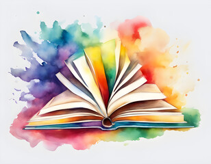 watercolor Open book, hardback books on bright colorful background.