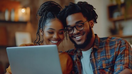 Young happy black couple having fun using a laptop at home : Generative AI