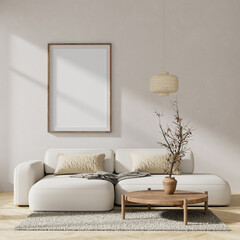 Mock up poster frame in Scandinavian style interior. Minimalist livingroom with wooden furnitures. 3D illustration