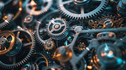 Close up of intricate metal gears and cogs working together, representing concepts of industry, engineering, and mechanics.