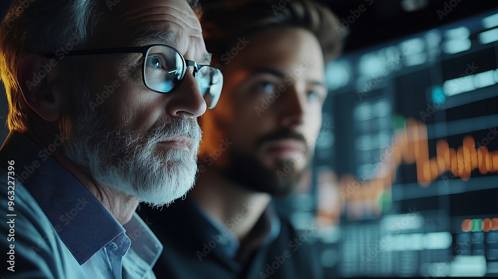 Leinwandbilder Business professional brokers discussing stock market on pc screen in real time analyzing dynamic exchange rate database graph or interesting unit investment for trading in valued grow : Generative AI