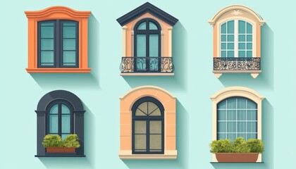 Fototapeta premium Collection of six different window designs with various colors and styles.