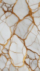 An white marble slab with gold veins and cracks.