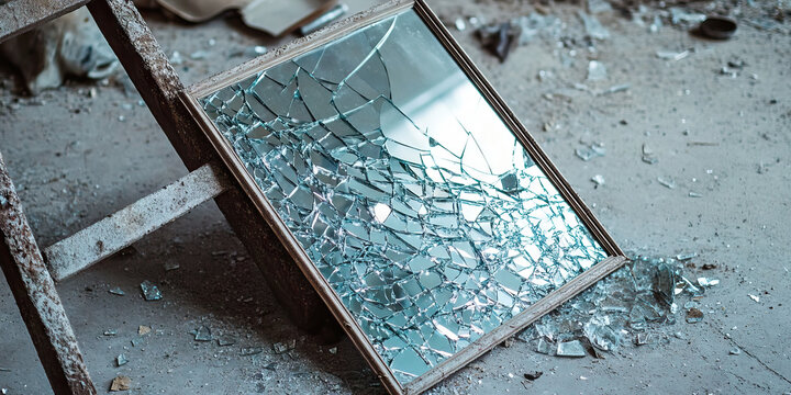 The Shattered Glass Ceiling: A shattered mirror on a dusty concrete floor, near a broken ladder.