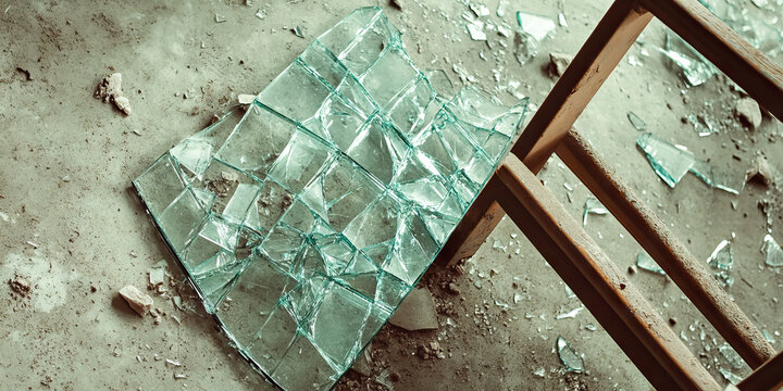 The Shattered Glass Ceiling: A shattered mirror on a dusty concrete floor, near a broken ladder.