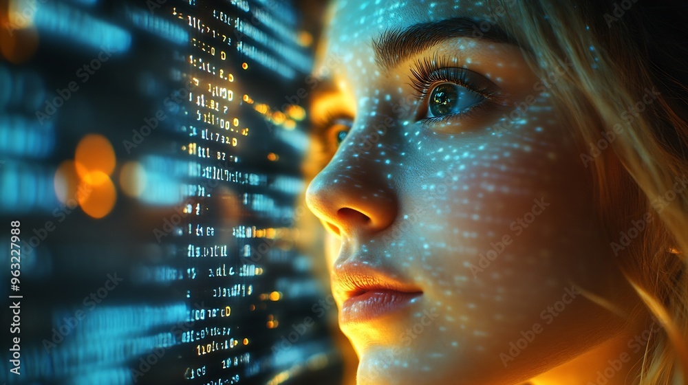 Fototapete Computer code hologram and woman thinking of data analytics information technology or software overlay at night Laptop solution and IT people with algorithm statistics and cybersecurit : Generative AI