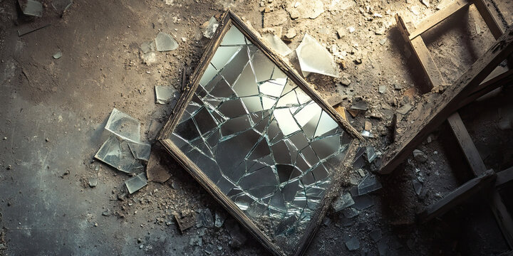 The Shattered Glass Ceiling: A shattered mirror on a dusty concrete floor, near a broken ladder.