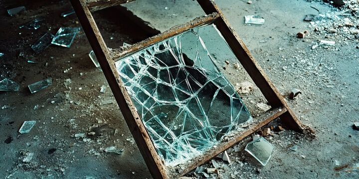 The Shattered Glass Ceiling: A shattered mirror on a dusty concrete floor, near a broken ladder. - Powered by Adobe