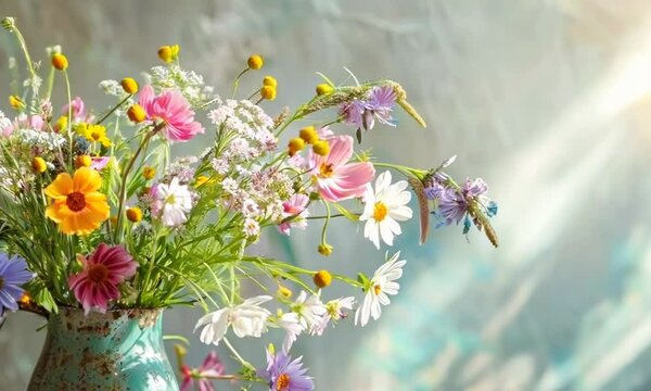 Overflowing bouquet of colorful wildflowers in a vintage enamelware pitcher, Video