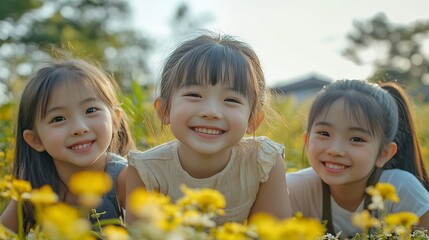 Portrait friends and kids in park recreation and happiness with weekend break leisure and bonding together Face group and children with fun outdoor and sunshine with students cheerful  : Generative AI