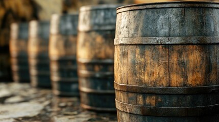 Naklejka premium Antique wooden oil barrels stand in a row, representing an eco-friendly approach to repurposing storage solutions.