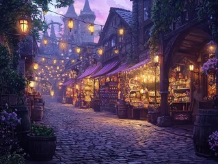 Fototapeta premium Enchanting Fantasy Market Square Illuminated at Dusk with Charming Shops and Stalls