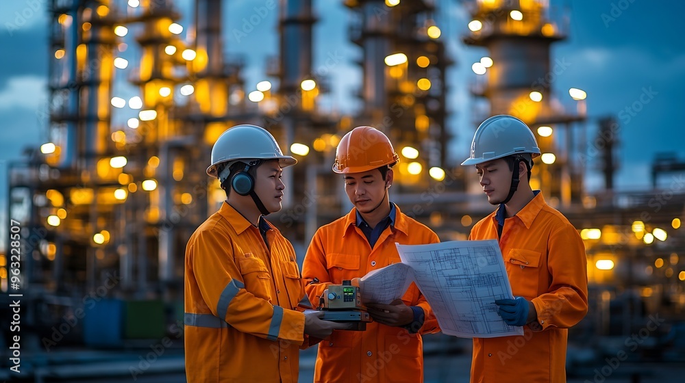 Poster engineer survey team wear uniform and helmet stand workplace checking blueprint project radio commun