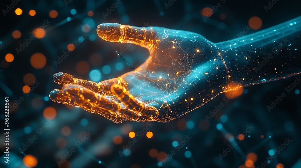 Aufkleber AI Machine learning Hands of robot and human touching big data of Global network connection Internet and digital technology Science and artificial intelligence digital technologies of  : Generative AI