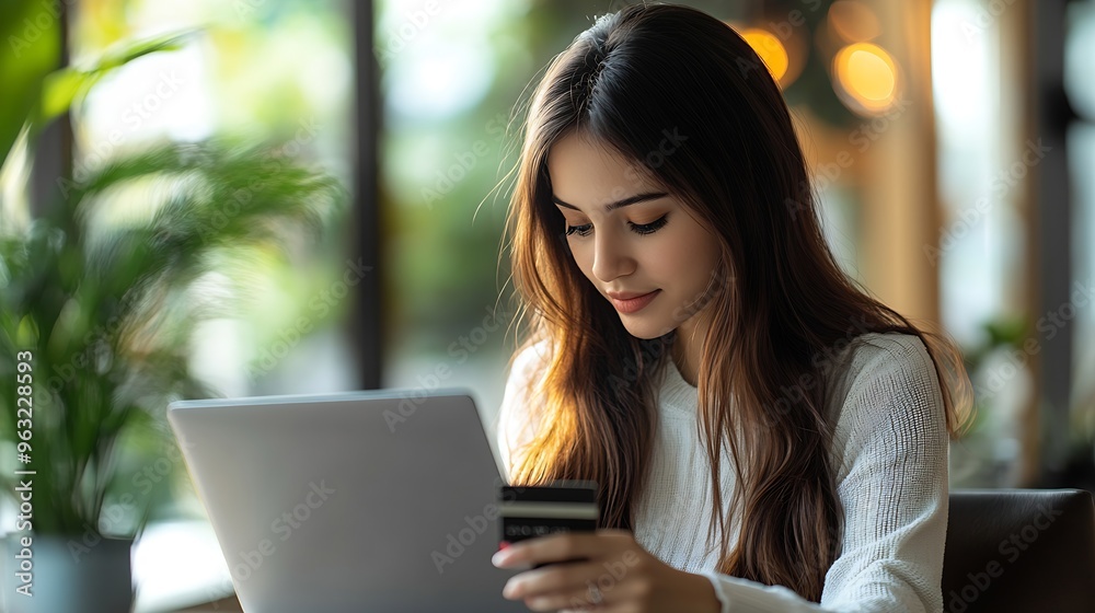 Poster a woman is using a laptop to pay for something with a credit card : generative ai