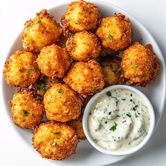 A Plate of Golden-Brown Hush Puppies Served with a Creamy Dipping Sauce