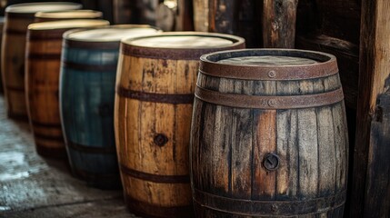 Fototapeta premium Antique wooden oil barrels stand in a row, representing an eco-friendly approach to repurposing storage solutions.