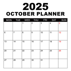 October 2025 Calendar. Week starts on Monday. Blank Calendar Template. Fits Letter Size Page. Stationery Design. Simple set calendar 2025. Monthly calendar template. Planner for 2025 year.