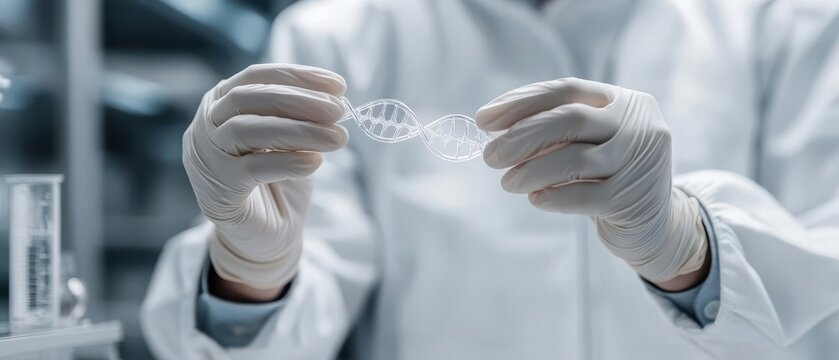 Scientist in laboratory holding DNA model, researching genetics, technology advancements in molecular biology, innovation in medical science.