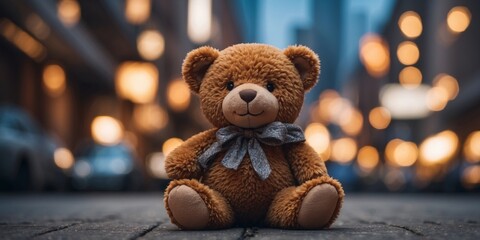 teddy bear with a toy in the middle of city.
