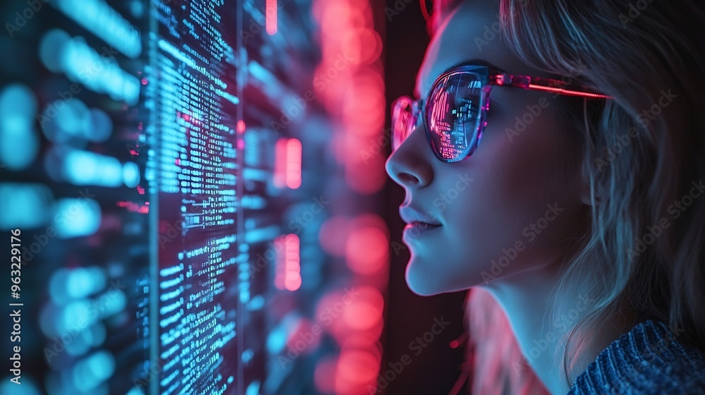 Fototapete Software coding hologram and woman on tablet thinking of data analytics digital technology and night overlay Programmer or IT person in glasses on 3d screen programming and cybersecuri : Generative AI