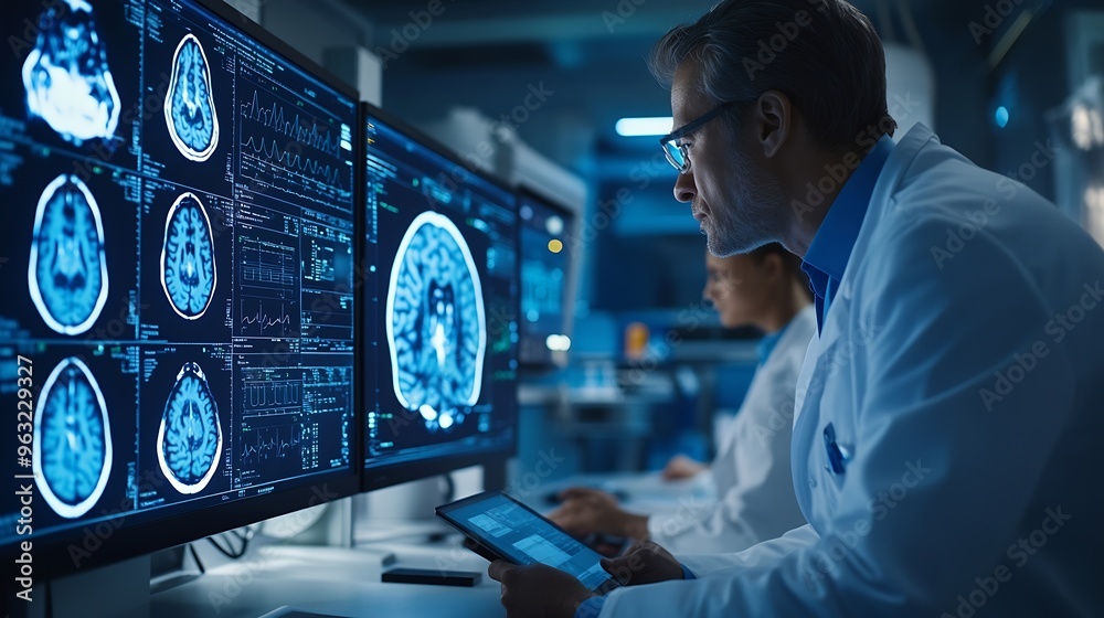 Poster A group of medical professionals reviewing and analyzing detailed brain scans displayed on digital screens and tablets highlighting advanced  AI medical imaging technology : Generative AI