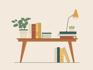 Minimalist Workspace with Books and Plant