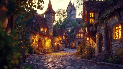 Obraz premium Fantasy Village at Dawn with Enchanting Architecture and Glowing Lights