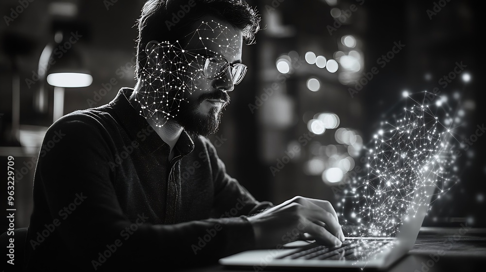 Fototapete Business man programmer software developer working on laptop computer with network connection monochrome internet of things IoT 40 digital technology development concept : Generative AI