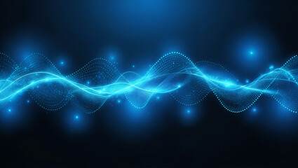 Abstract blue glowing energy waves from dotted line particles with blur effect on dark background. Futuristic modern tecnologycal backdrop design for business