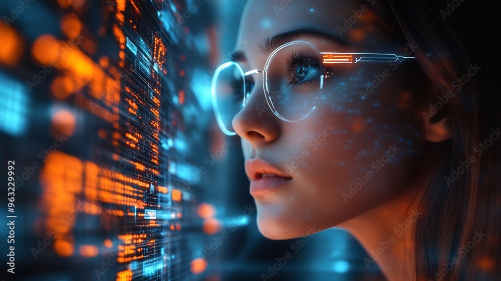 Poster Woman on digital tablet futuristic network overlay and iot cloud data communication hologram with blockchain coding technology Future of cyber security fintech software and information : Generative AI