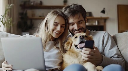 Portrait of happy young couple using laptop man holding mobile phone hugging dog sitting together on comfortable sofa at home Online shopping concept : Generative AI