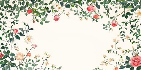 Floral Doodle Border with Blooming Flowers and Lush Foliage