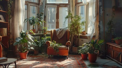 Cozy living room with armchair, plants, and old carpet