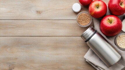 A top view displays a steel water bottle alongside vibrant red apples, a jar of grains, and a cloth bag, embodying a zero waste lifestyle and eco-friendly grocery shopping