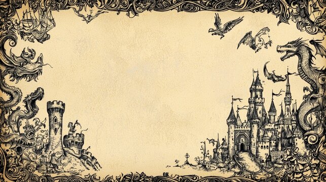 Medieval Fantasy Inspired Doodle Border with Castles and Mythical Creatures