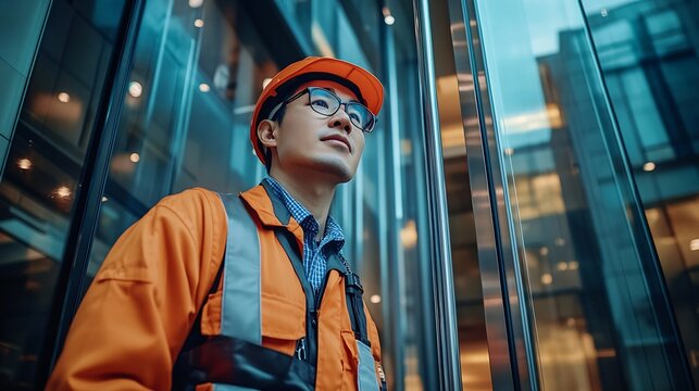 asian engineer maintaining automatic door in entrance building : Generative AI