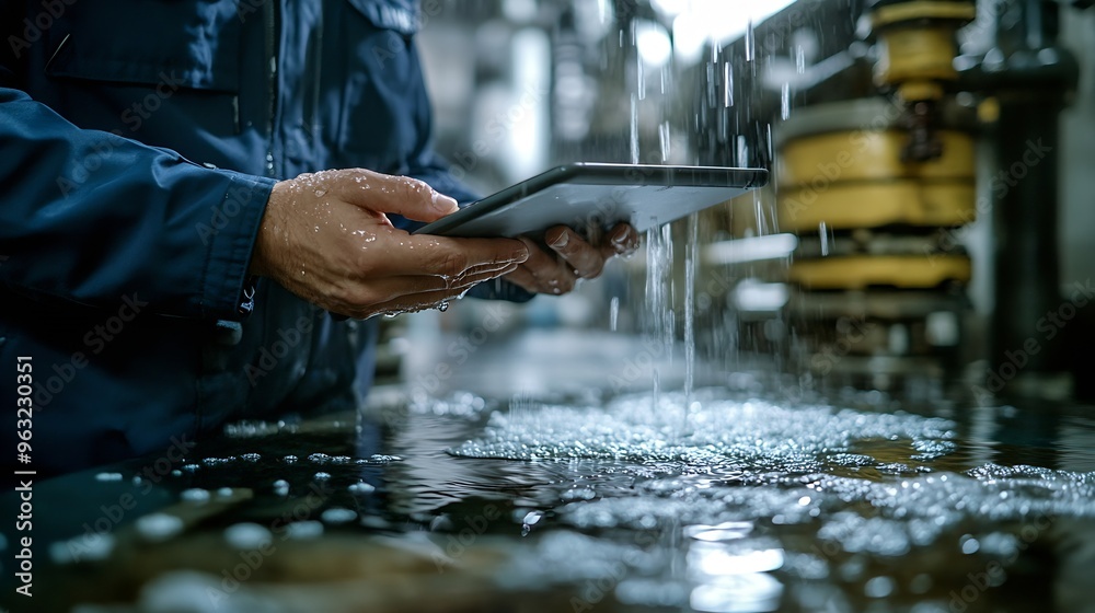 Poster photo of person using a tablet on water pump background person working on a digital tablet : generat