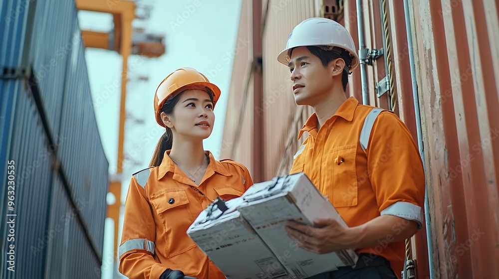 Poster asian male and female customs officers are currently conducting inspections of containers within the