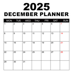 December 2025 Calendar. Week starts on Monday. Blank Calendar Template. Fits Letter Size Page. Stationery Design. Simple set calendar 2025. Monthly calendar template. Planner for 2025 year.