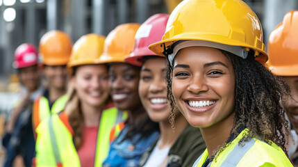 Team of smiling architects in hard hats posing in a line at a construction site