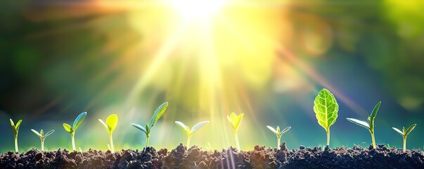 Close up of young green plants growing in rich soil against a bright sunlit background. Concept of new life, growth, and hope.